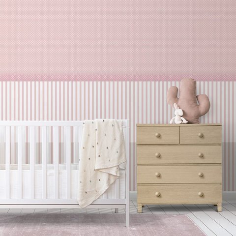 Papel de Parede Adesivo Poá Rosa e Branco com Listrado 3m
