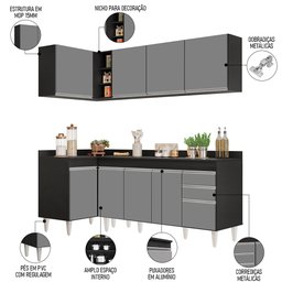 Armário de Cozinha Modulado de Canto Direito 4 Peças Cp41 Balcão com Tampo Preto/cinza - Lumil Lumil - 3