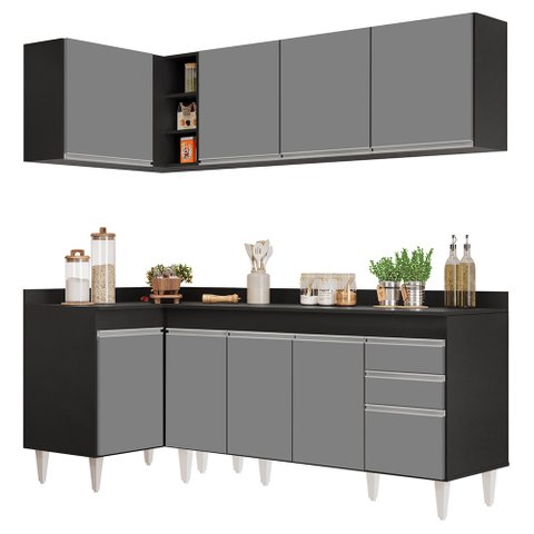 Armário de Cozinha Modulado de Canto Direito 4 Peças Cp41 Balcão com Tampo Preto/cinza - Lumil Lumil