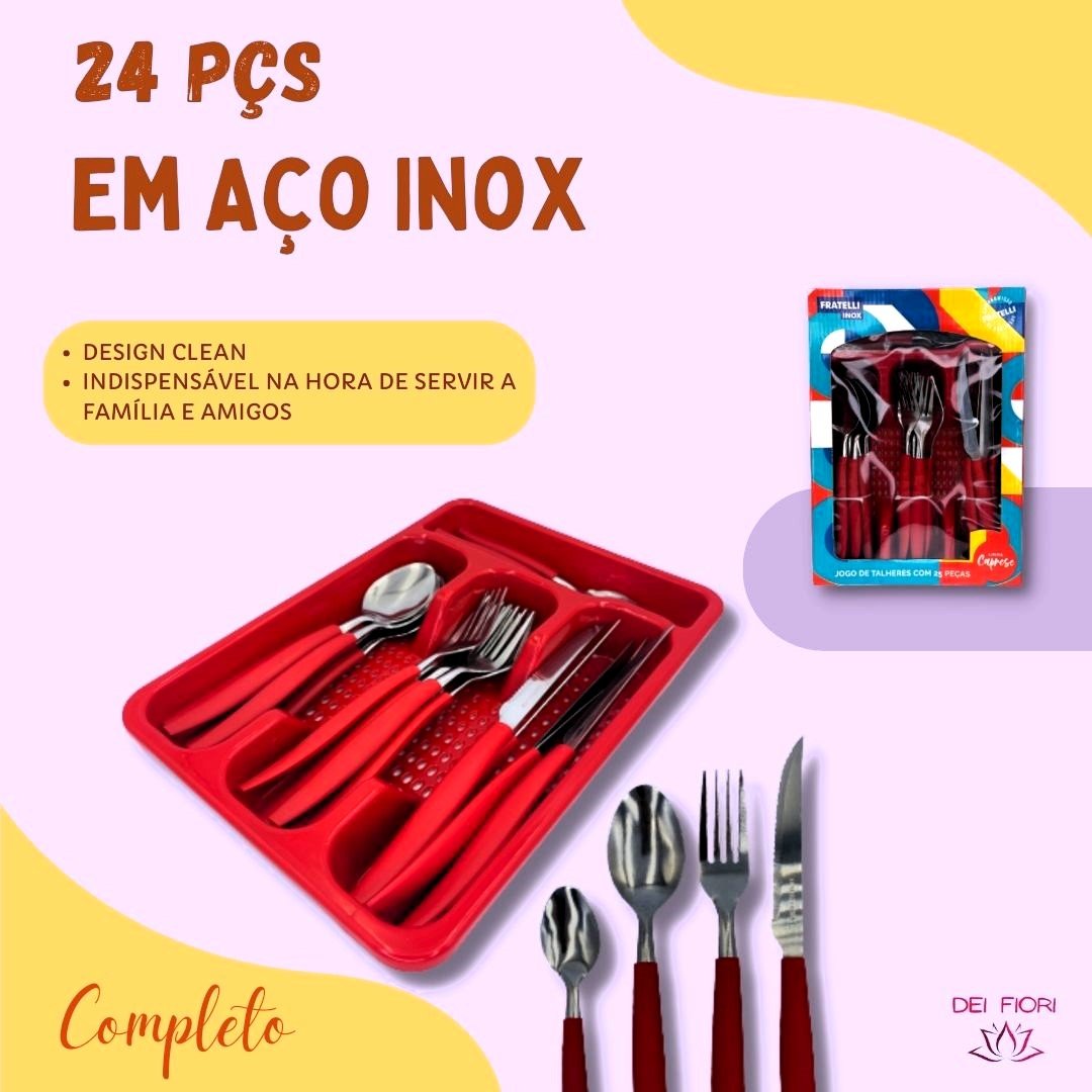 Jogo Talheres 24 Peças Aço Inox Cabo Plástico C/ Organizador Cor:vermelho - 3