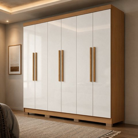 Guarda Roupa Casal 6 Portas 2 Gavetas com Pés Lyon Yescasa Cinamomo/Off White