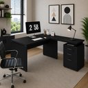 Ver imagem 1 de Mesa em L com Gaveteiro 3 Gavetas Pés Painel 150cm x 160cm Preto F5 Office