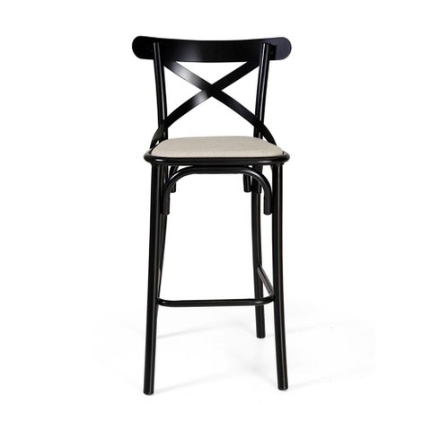 Banqueta Katrina em Aço Preta com Encosto e Assento em Corano para Bancada Gourmet Design - Bege