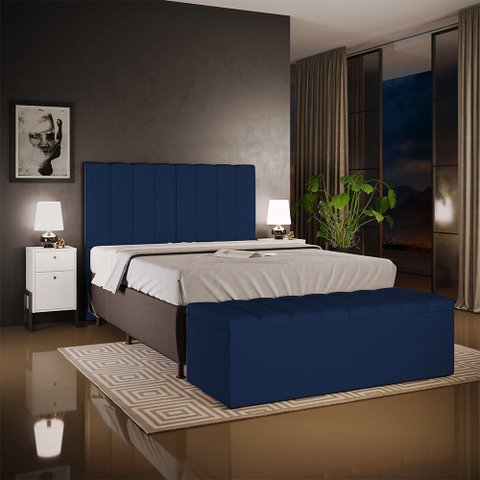 Kit Cabeceira Cama Box Casal King 195cm com Calçadeira Baú Dália W01 Suede Azul Marinho - Lyam Lyam