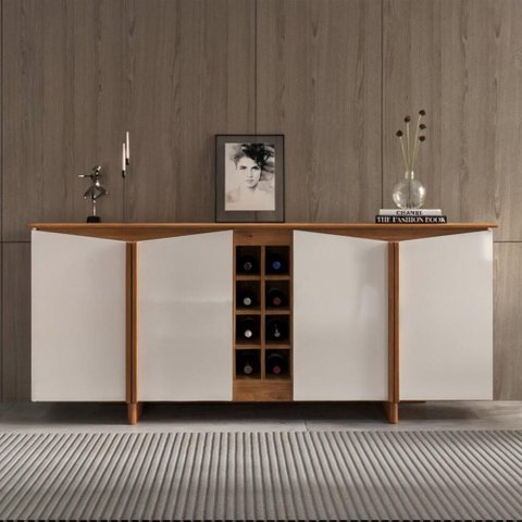 Aparador Buffet com Adega Class 183 cm 4 Portas Pés e Puxadores Moderno em Madeira Maciça - Branco