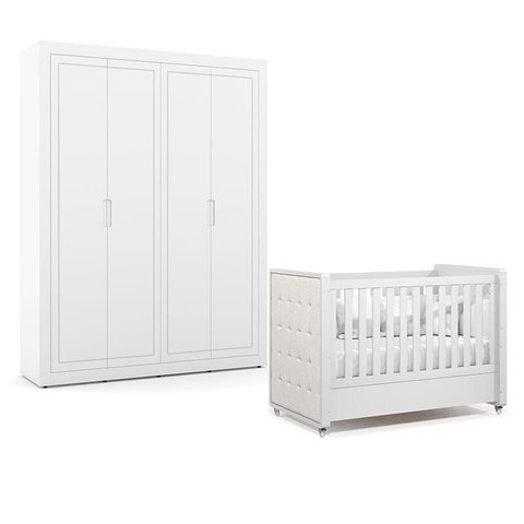 Berço Americano com Capitonê New Boucle e Guarda Roupa Tutto New 4 Portas Branco Acetinado - Matic