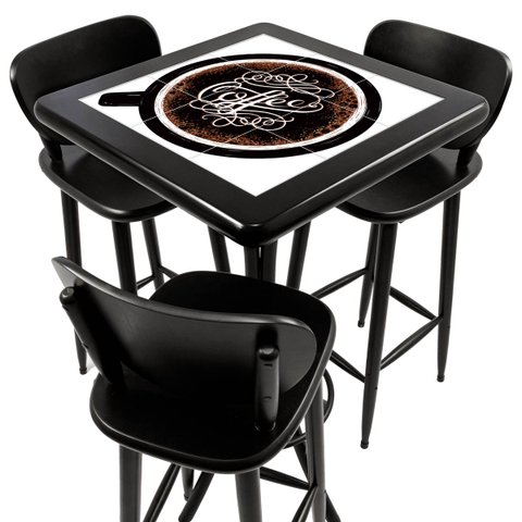 Cj Mesa Madeira Azulejo 60x60cm - Bistrô Fixa 98cm + 3 Banquetas 73 - Preta - Coffee