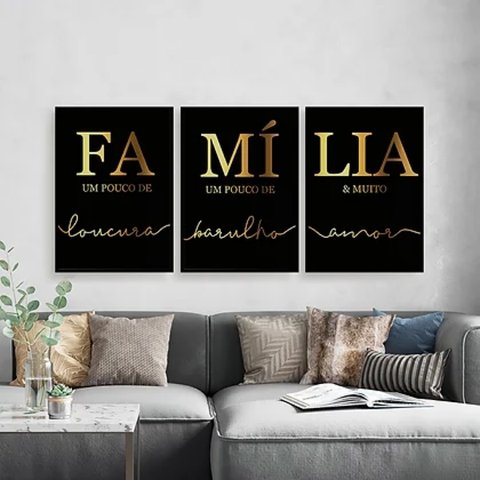 Kit 3 Quadros Família Preto Com Dourado 24x18cm - com vidro:Madeira preta