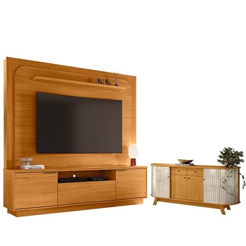 Estante Home Theater Nilo sem Pés Cinamomo com Aparador para Sala Buffet Mônaco Cinamomo Off White -