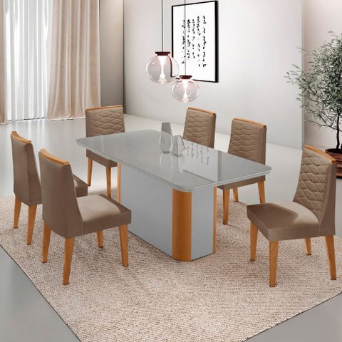 Mesa de Jantar Isadora 180cm Tampo Mdf Vidro com 6 Cadeiras Eloise