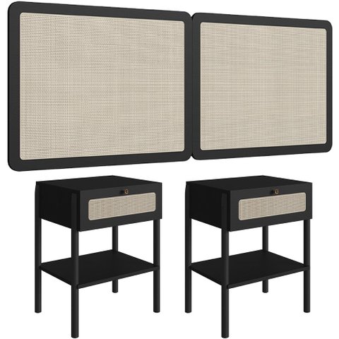 Cabeceira Casal Queen 160cm e 2 Mesas Laterais 1 Gaveta Madeira Moss A03 Nero Preto- Lyam Decor
