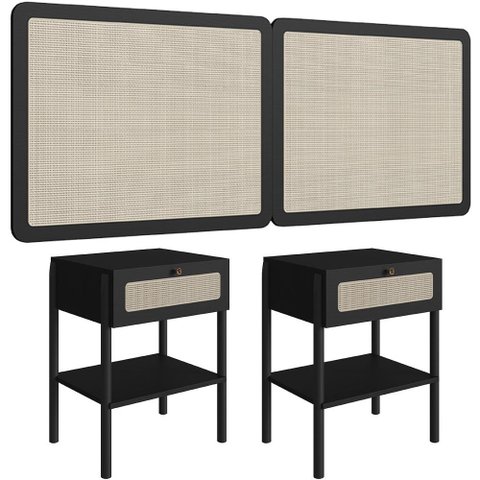 Cabeceira Queen 160cm e 2 Mesas Laterais 1 Gaveta Madeira Moss A03 Nero Preto- Lyam Decor
