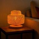 Ver imagem 1 de Luminária de Mesa Bali Abajur Fibra Bambu Base Madeira 1xe27 Boho Rústico St3270