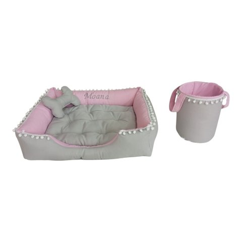 Cama M Cachorro com Cesto Organizador Cinza e Rosa Ziper Conforto Almofada Removivél Personalizada M