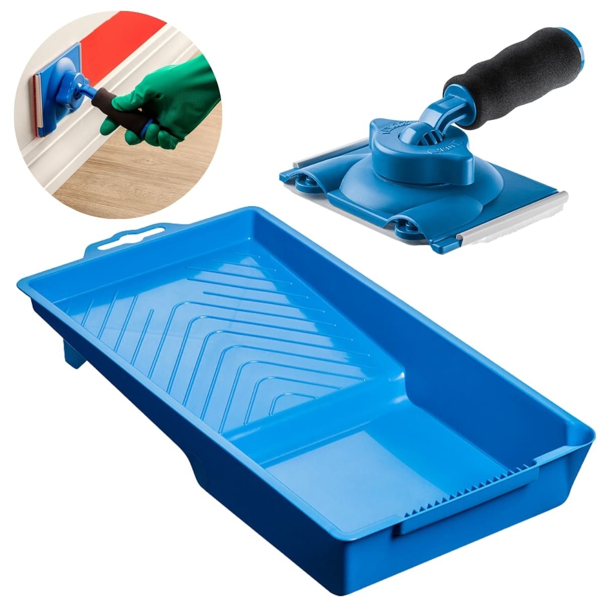 Pad para Pintura Acabamento Recorte Cantos em Parede + Bandeja Pequena 250ml Plástica Azul