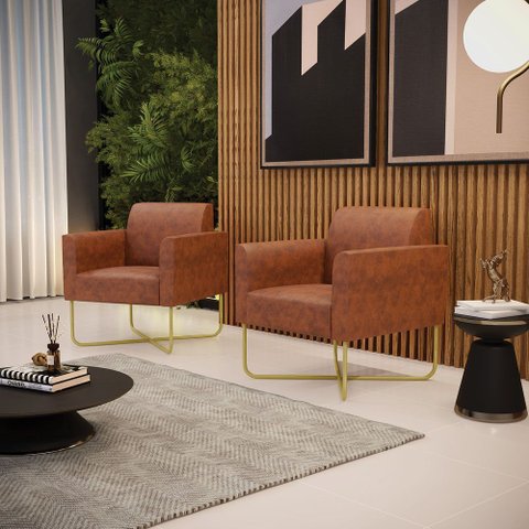 Poltrona Sala Decorativa Kit 2 Marisa Base X Industrial Dourada Sintético Pu D03 - D’Rossi