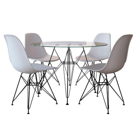 Mesa Jantar Eames de Ferro Preto Tampo Redondo 90cm Vidro 4 Cadeiras Brancas