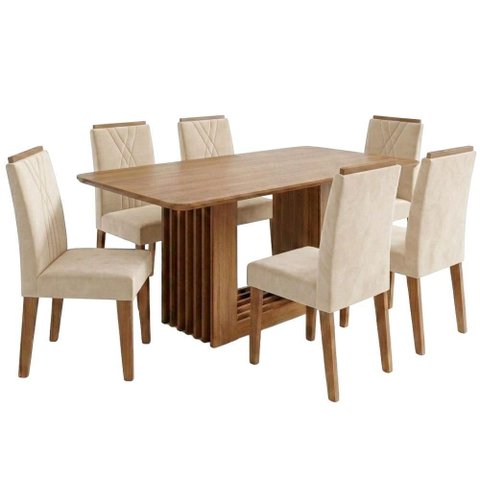 Mesa de Jantar Ariela Mdf com 6 Cadeiras Estofadas Suede Nude Molci