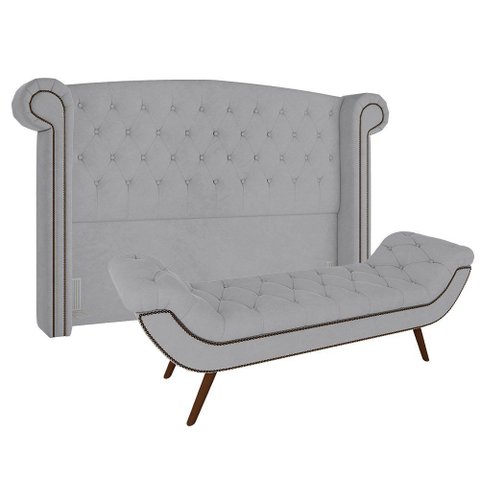Kit Cabeceira Estofada Box Queen Valencia e Recamier Veneza 160 Cm Tca 940 - Veludo Cinza