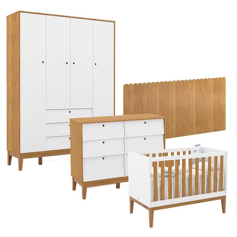 Quarto de Bebê Unique 4 Portas com Cômoda 6 Gavetas e Painel Farm Branco Soft Freijó Eco Wood - Mati