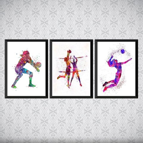 Kit 3 Quadros Decorativos Volleyball 45x34cm - com vidro:Madeira preta