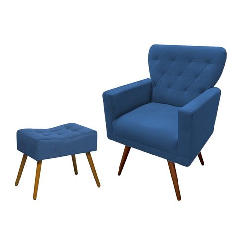 Kit Poltrona Decorativa Aurora + 1 Puff Retangular Suede Azul Marinho Pés Madeira Ms Decor