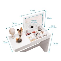 Penteadeira Organizadora com Espelho Paris para Quarto Menina - Branco - 5