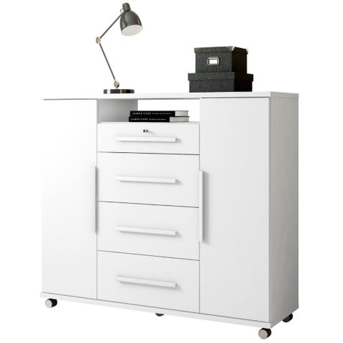 Comoda 4 Gavetas 2 Portas 1 Nicho com Rodizios Versa 135 cm Branco Absoluto Zanz