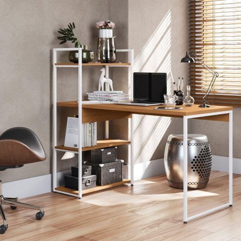 Mesa Escrivaninha Industrial Office com Estante MDF MDP 136cm Canela Branco Kappesberg