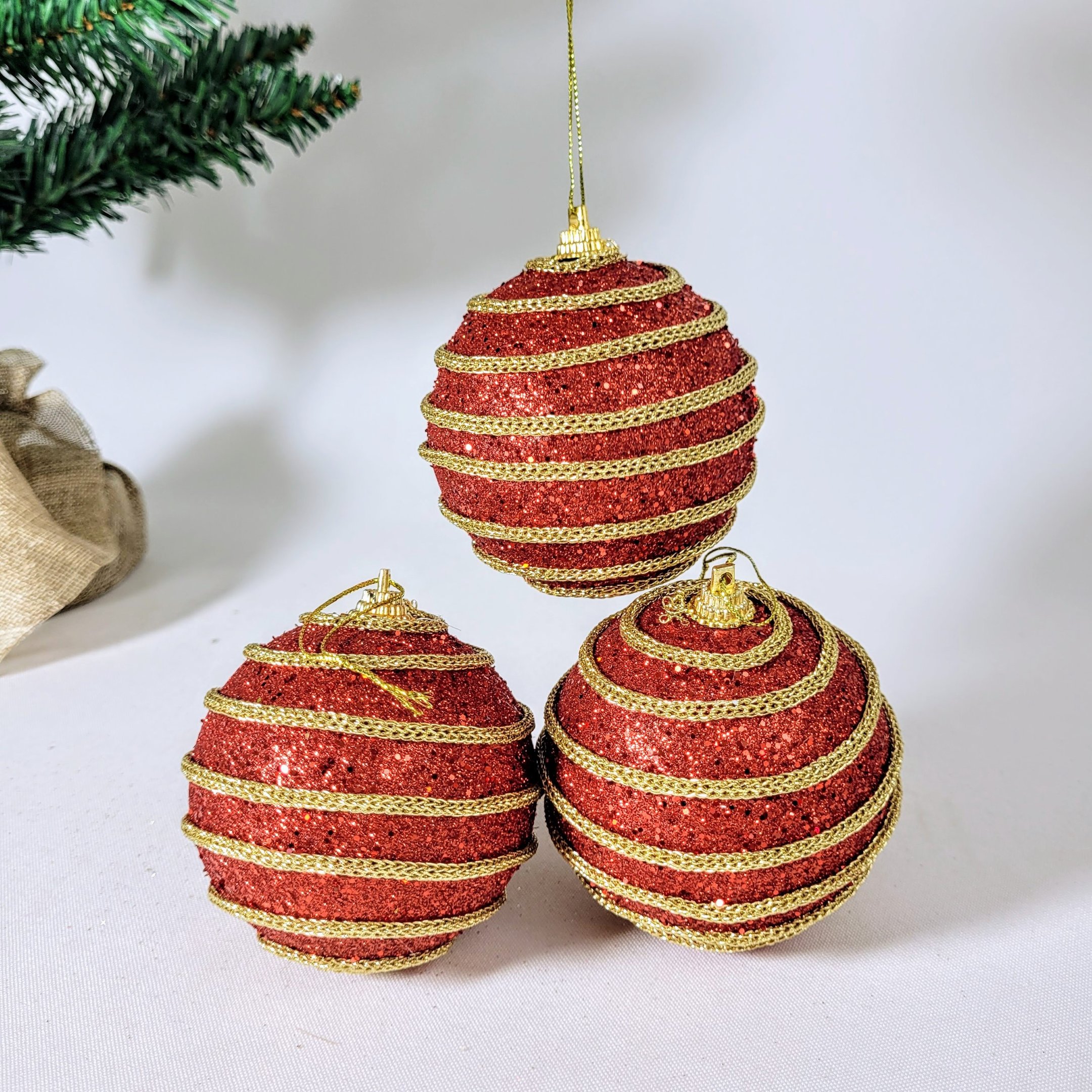 Bola De Natal Vermelha Decorada 8cm Para Árvore Kit 3pc - 4