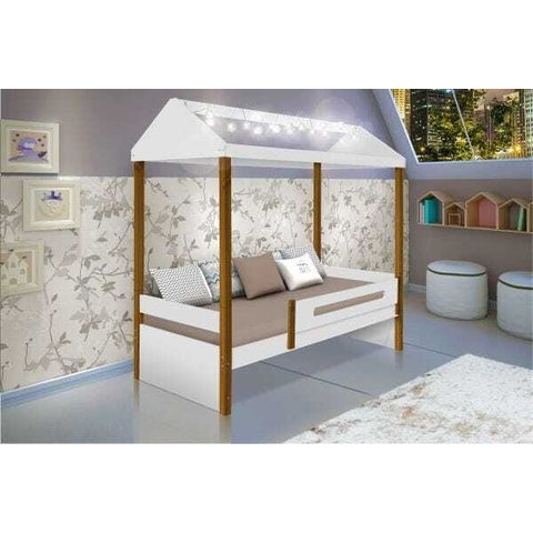 Cama Solteiro Casinha Montessoriana Fio de Luz e Colchão