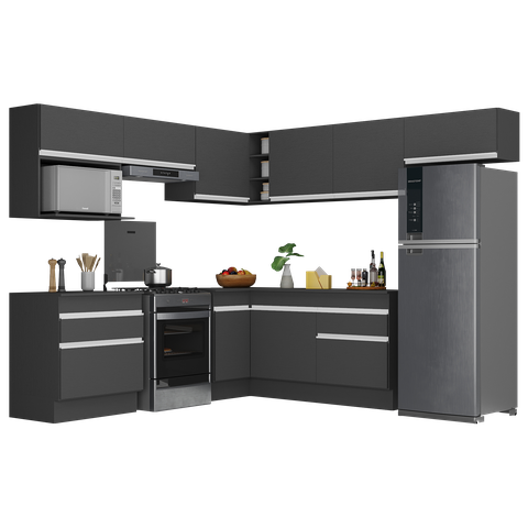 Armário de Cozinha Completa de Canto com Rodapé Veneza Multimóveis V2106 Preto/branco