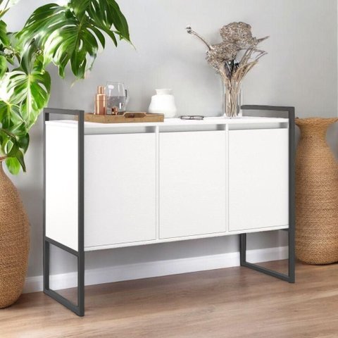 Aparador Balcão Industrial 3 Portas MDP 120cm Branco Preto Casah