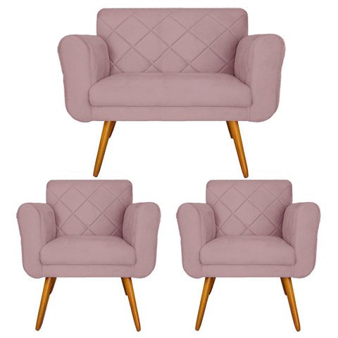 Combo Namoradeira e 2 Poltrona Decorativa Para Escritório Isabella Suede Rosê - LM DECOR