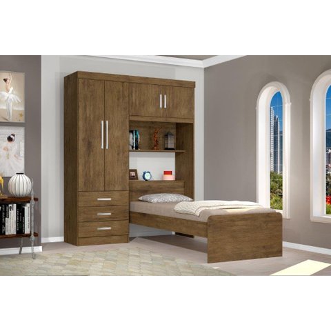 Roupeiro Can com Cama Baú Solteiro 1.57m 4 Portas e 3 Gavetas Amplo Espaço Interno Cor Jequitiba Ja