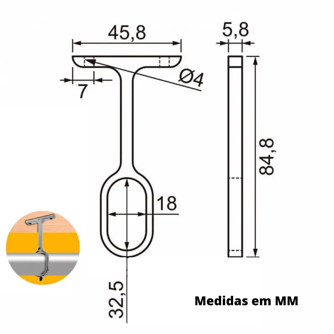 suporte tubo cabideiro central aereo oval oblongo preto c10 - 3