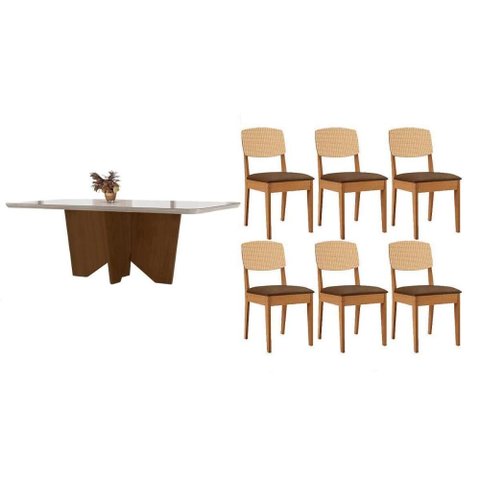 Conjunto Sala de Jantar Nevada C/ Tampo Madeirado C/ Vidro Canto Curvo 180x90cm e 6 Cadeiras Havana