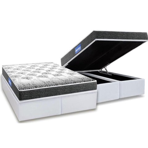 Cama Box Baú Queen: Colchão Espuma Probel D23 Guarda Costas Black + Base CRC Courano White(158x198)