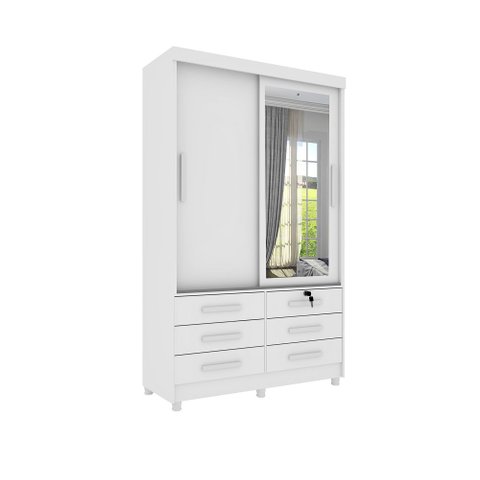 Guarda Roupa Solteiro 2 Portas 6 Gavetas C/ Espelho e Pés Chicago Tcil Móveis Guarda Roupa Solteiro 