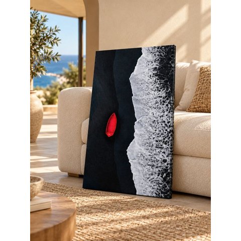 Quadro Oceano e Barco Vermelho Decorativo 90x130