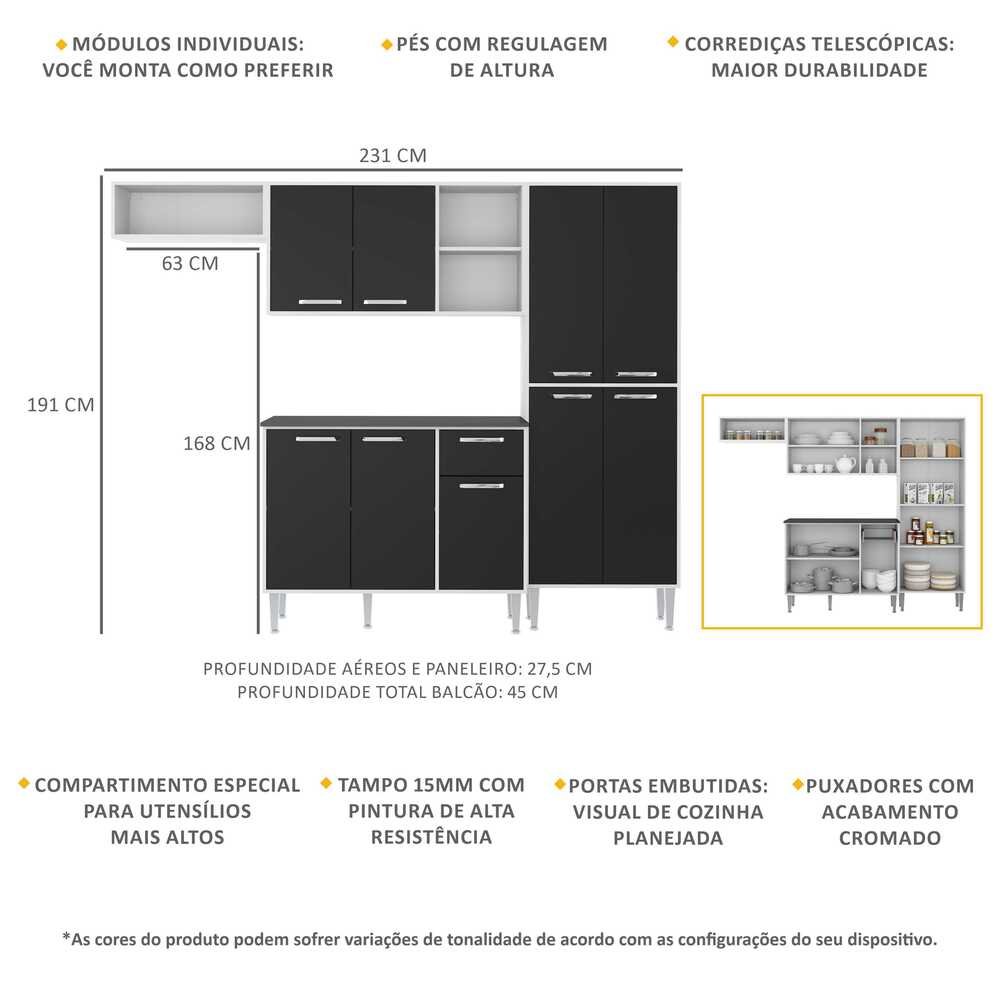 Cozinha Compacta xangai 9 Portas Multimóveis Branco/Preto - 3