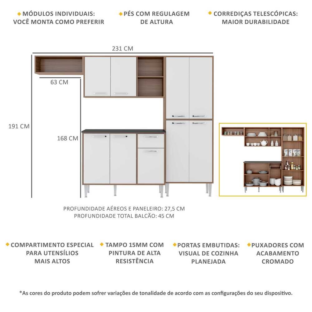 Cozinha Compacta xangai 9 Portas Multimóveis Nogueira/Branco - 3