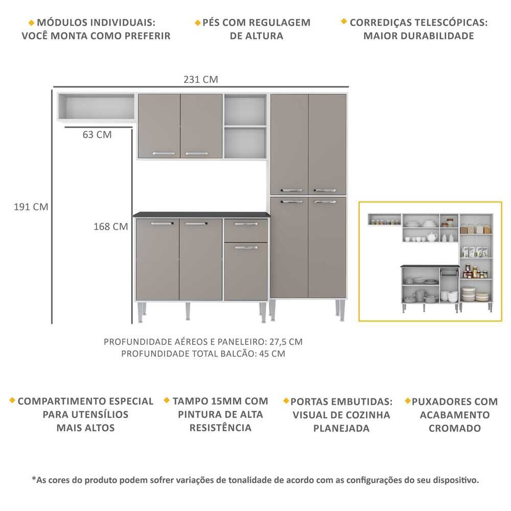 Cozinha Compacta xangai 9 Portas Multimóveis Br/Laca Fumê - 3