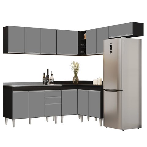 Armário de Cozinha Modulado de Canto 7 Peças Cp21 com Pia Inox Preto/cinza - Lumil Lumil Móveis