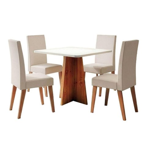 Conjunto Sala de Jantar Mesa Quadrada 0,90m Moove 4 Cadeiras Veludo Milano Viero Madeirado / Marfim