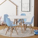 Ver imagem 1 de Conjunto De Mesa Madeira Infantil 68Cm Redondo Branco 4 Cadeiras Azul