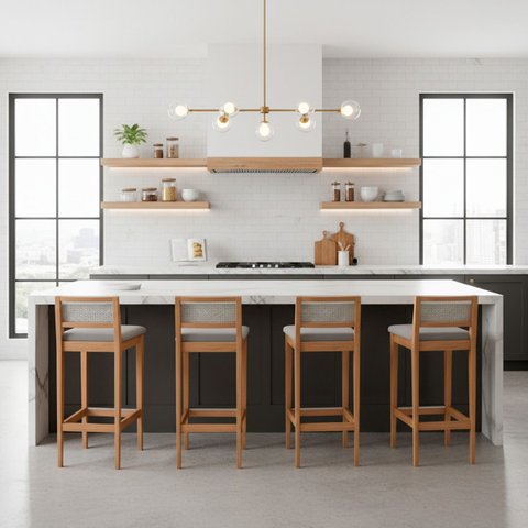 Kit 4 Banquetas Estofada em Linho Encosto Palhinha Bruna:mel com Linho Cinza