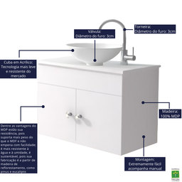 Gabinete para Banheiro 60cm Suspenso com Cuba e Espelho Armário para Lavabo - Brovália - 4
