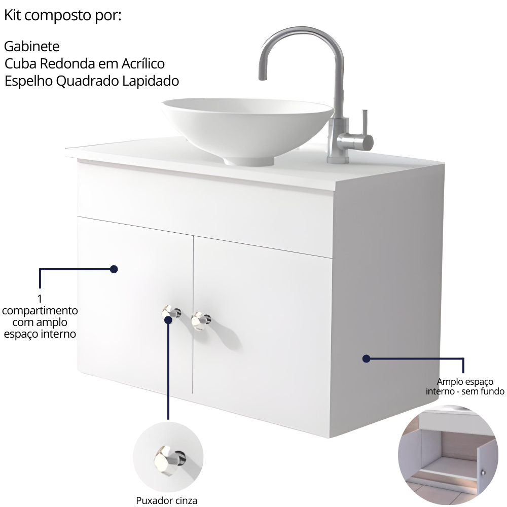 Gabinete para Banheiro 60cm Suspenso com Cuba e Espelho Armário para Lavabo - Brovália - 3