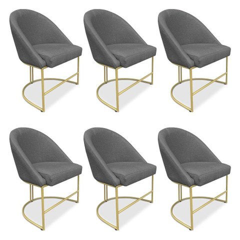 Kit 06 Cadeiras Poltrona de Jantar Bela Linho Grafite Base Metálica Industrial Dourado - Pallazio